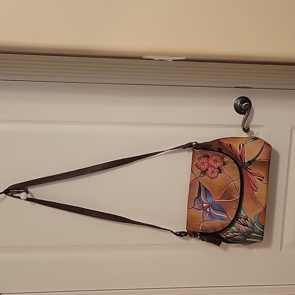 Anuschka Hand-Painted Leather Shoulder Bag - Floral Design 16" Wide 11 Long. - Picture 10 of 10